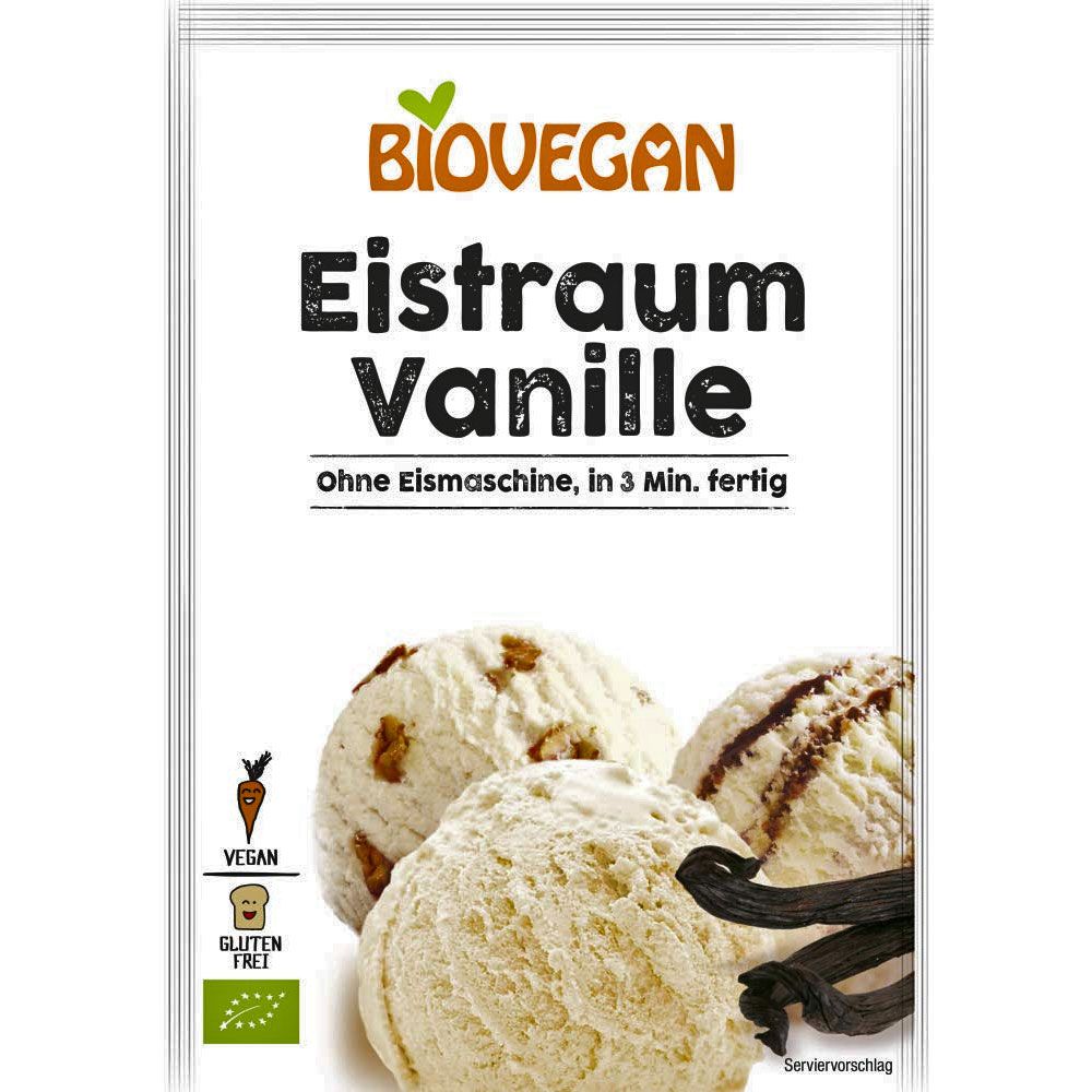 Verpackung mit "Biovegan Eistraum Vanille". Eiscreme-Abbildung mit Vanilleschoten. Vegan und glutenfrei.