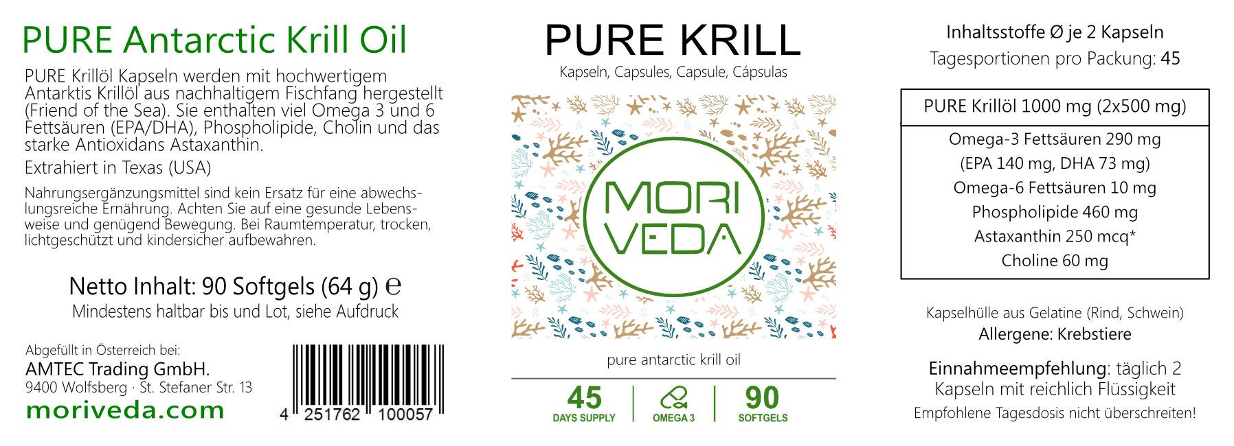 Produktetikett mit Informationen. Aufschrift: Pure Antarctic Krill Oil, Pure Krill. Inhaltsstoffe, Dosierung, Herstellerangaben.