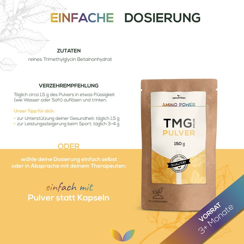 Braune Papierverpackung mit weißem Etikett. Aufschrift: TMG Pulver, 150 g. Empfehlung: 1,5 g in Flüssigkeit auflösen. Vorrat: 3+ Monate.