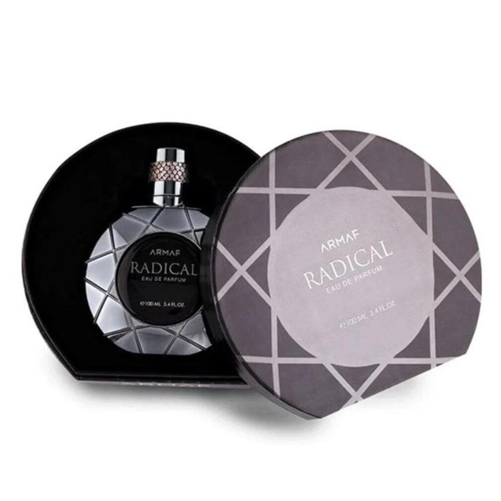 Flakon in geöffneter Schachtel. Aufschrift: ARMAF RADICAL Eau de Parfum. Geometrisches Muster.