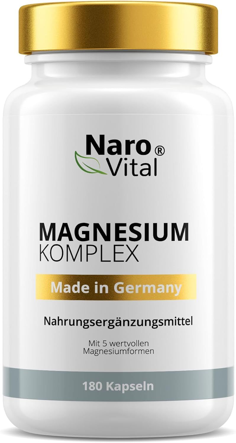 Weiße Flasche mit goldfarbenem Deckel. Aufschrift: Naro Vital Magnesium Komplex, Made in Germany, Nahrungsergänzungsmittel, 180 Kapseln.