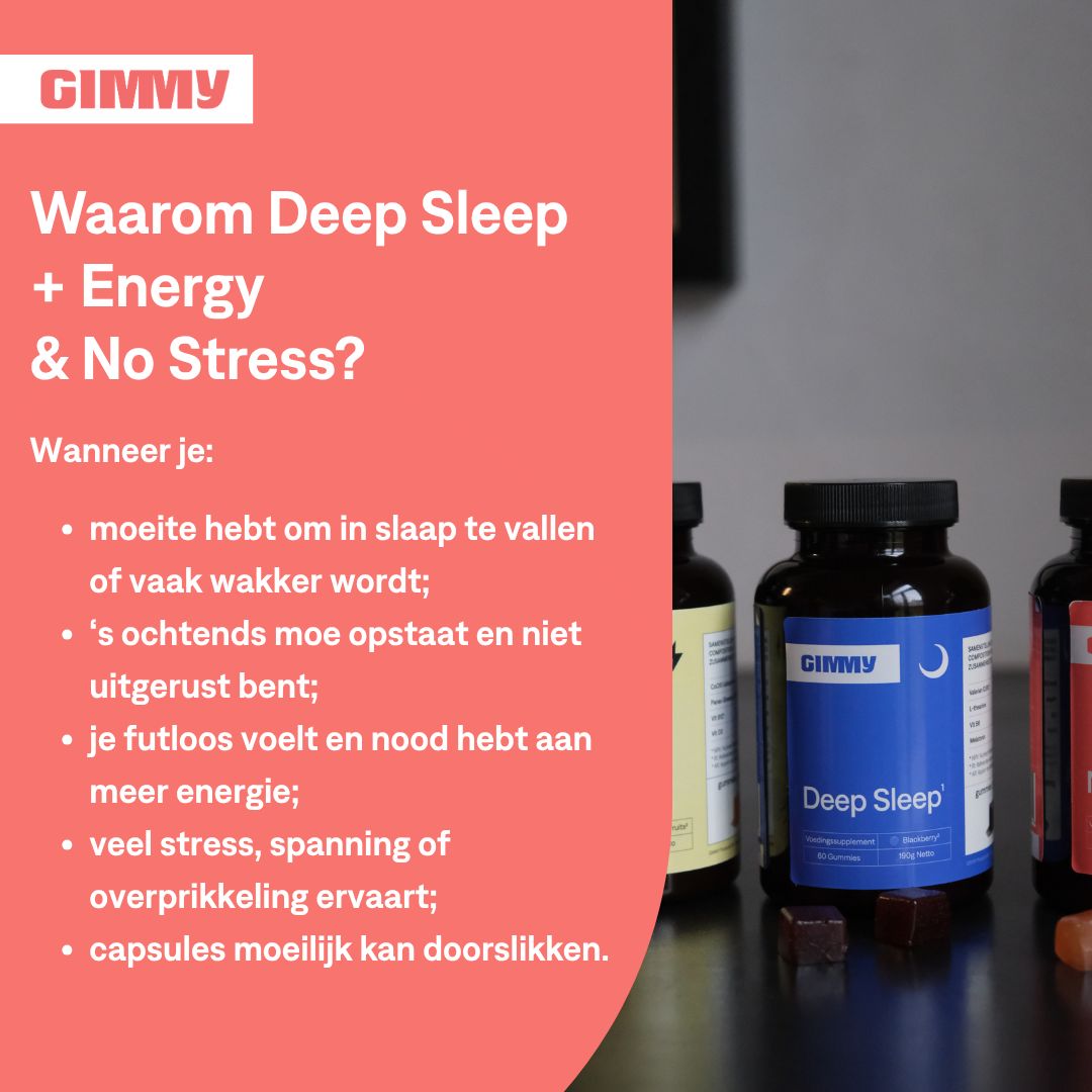 Text mit Fragen zu Deep Sleep, Energy und No Stress. GIMMY-Flaschen im Hintergrund.