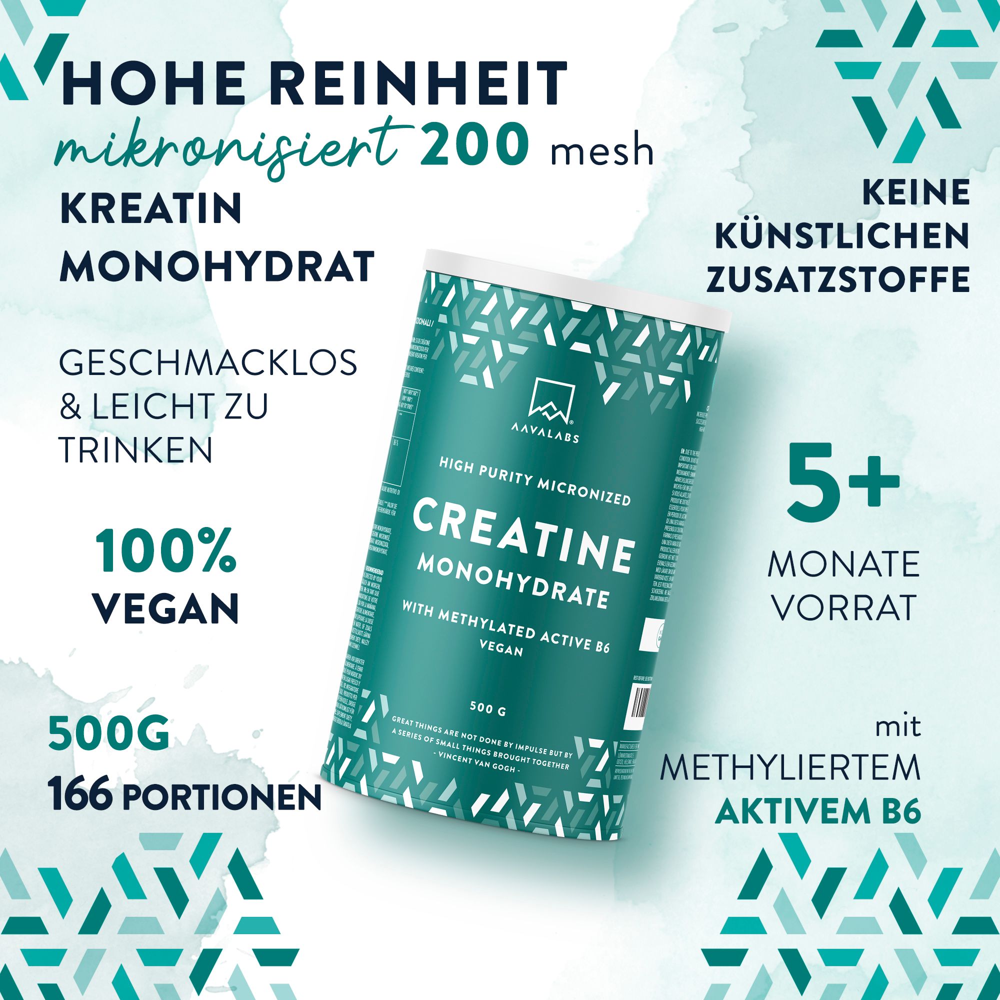 Werbebild. Dose mit Kreatin, Messlöffel. Nährwertangaben: 3g Kreatin, 1,2mg Vitamin B6.