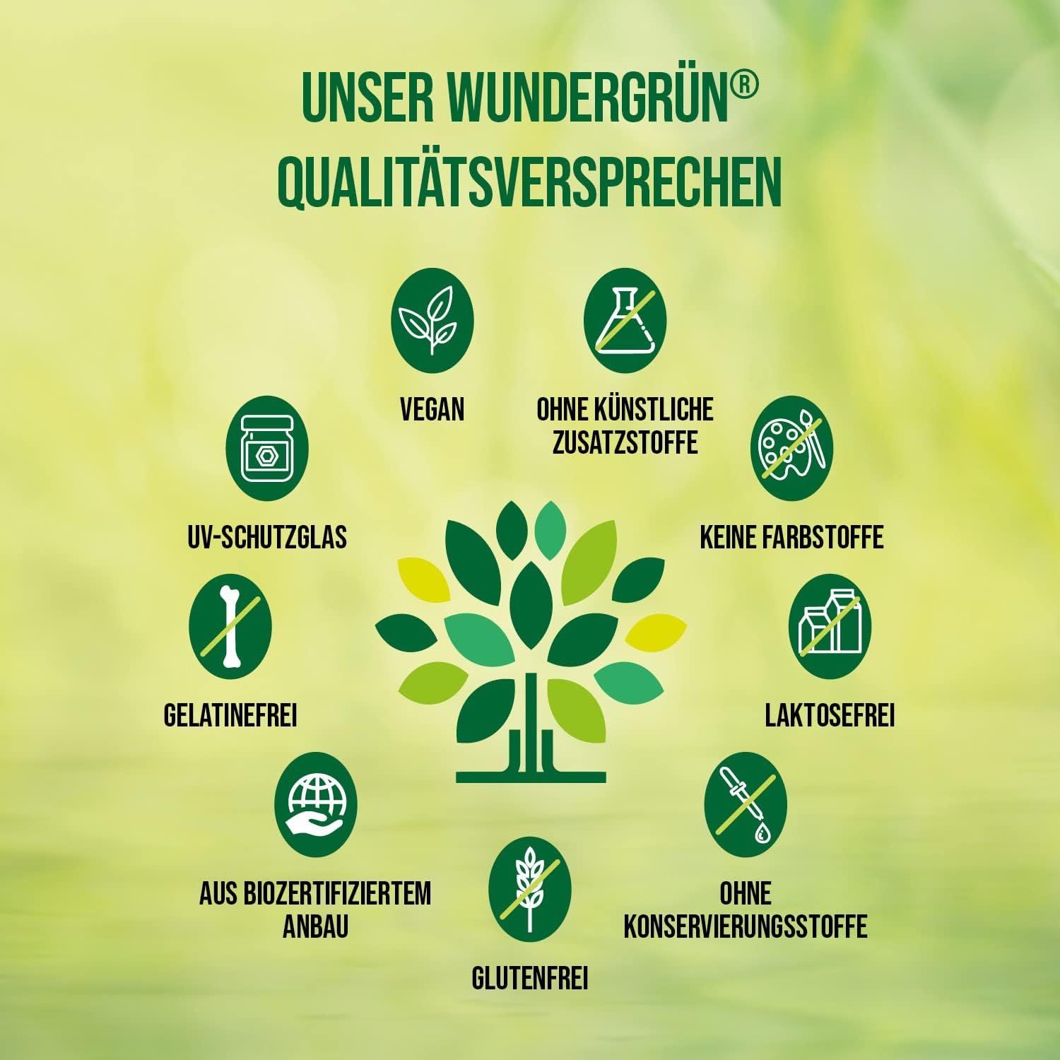 Grafik mit Icons: Vegan, ohne künstliche Zusatzstoffe, keine Farbstoffe, UV-Schutzglas, gelatinefrei, laktosefrei, aus biozertifiziertem Anbau, glutenfrei, ohne Konservierungsstoffe.