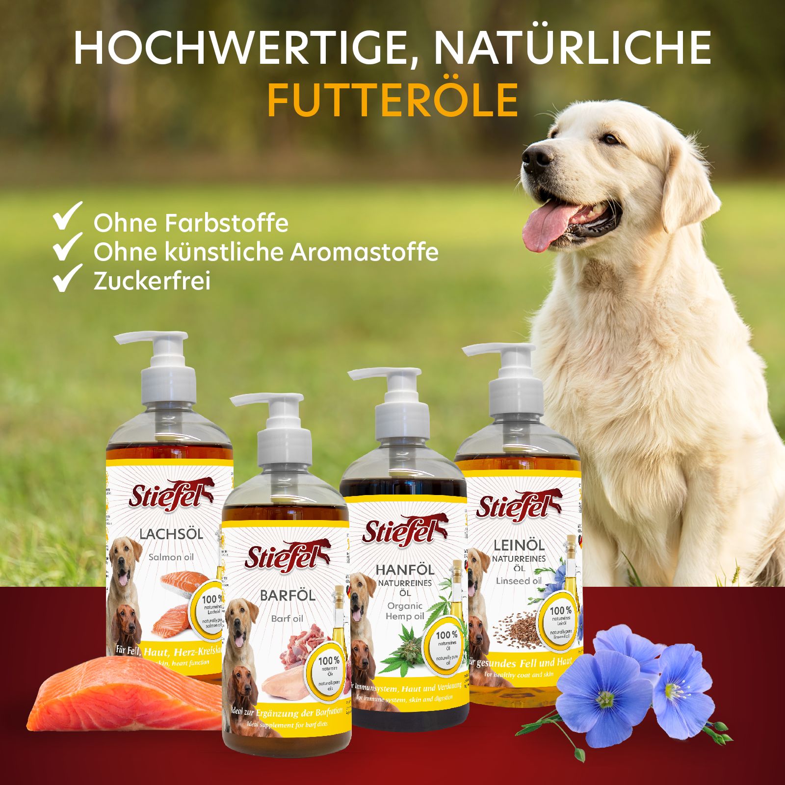 Vier Flaschen Barföl und andere Öle mit Pumpköpfen. Hunde und Zutaten abgebildet. Text: Ohne Farbstoffe, Aromen, Zucker.