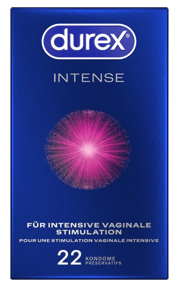 Durex Intense Kondompackung (22 Stück) mit einem einzelnen Kondom.