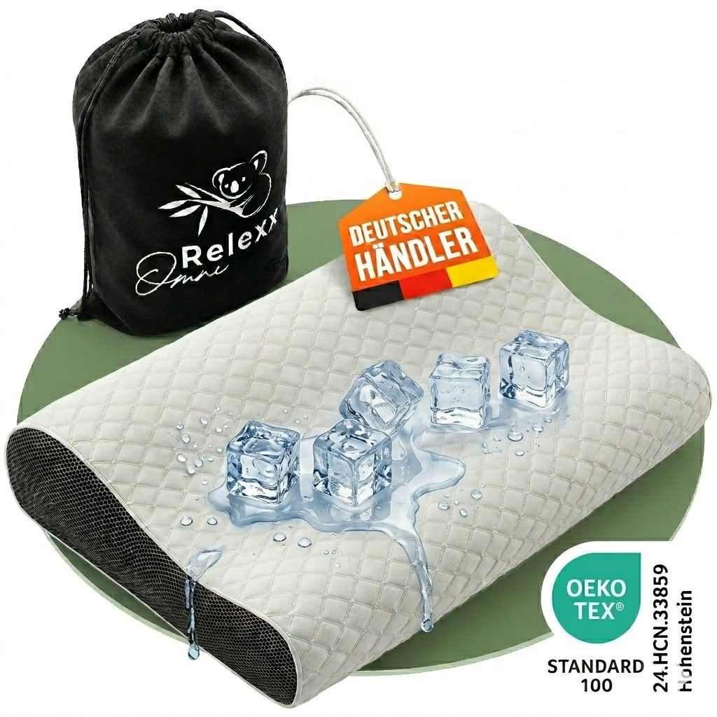 Beige Nackenkissenbezug mit Eiswürfeln. Schwarzer Beutel mit Logo. Anhänger "Deutscher Händler". Oeko-Tex Standard 100.
