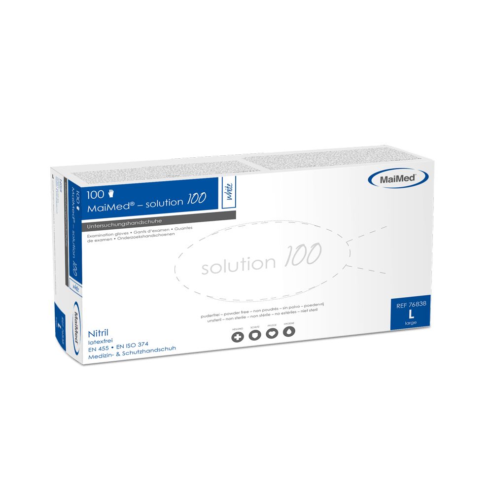 Weiße MaiMed-Verpackung mit "solution 100". Blaue Akzente. Nitril-Handschuhe. Größe L. EN 455.