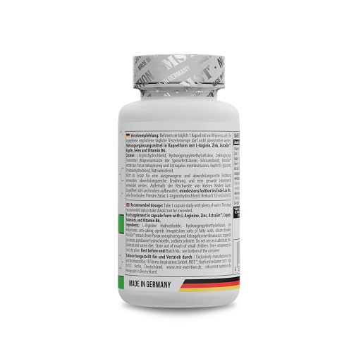 Rückseite einer weißen Flasche. Text in mehreren Sprachen. Aufschrift: Made in Germany. Grün-weiß-rotes Etikett.