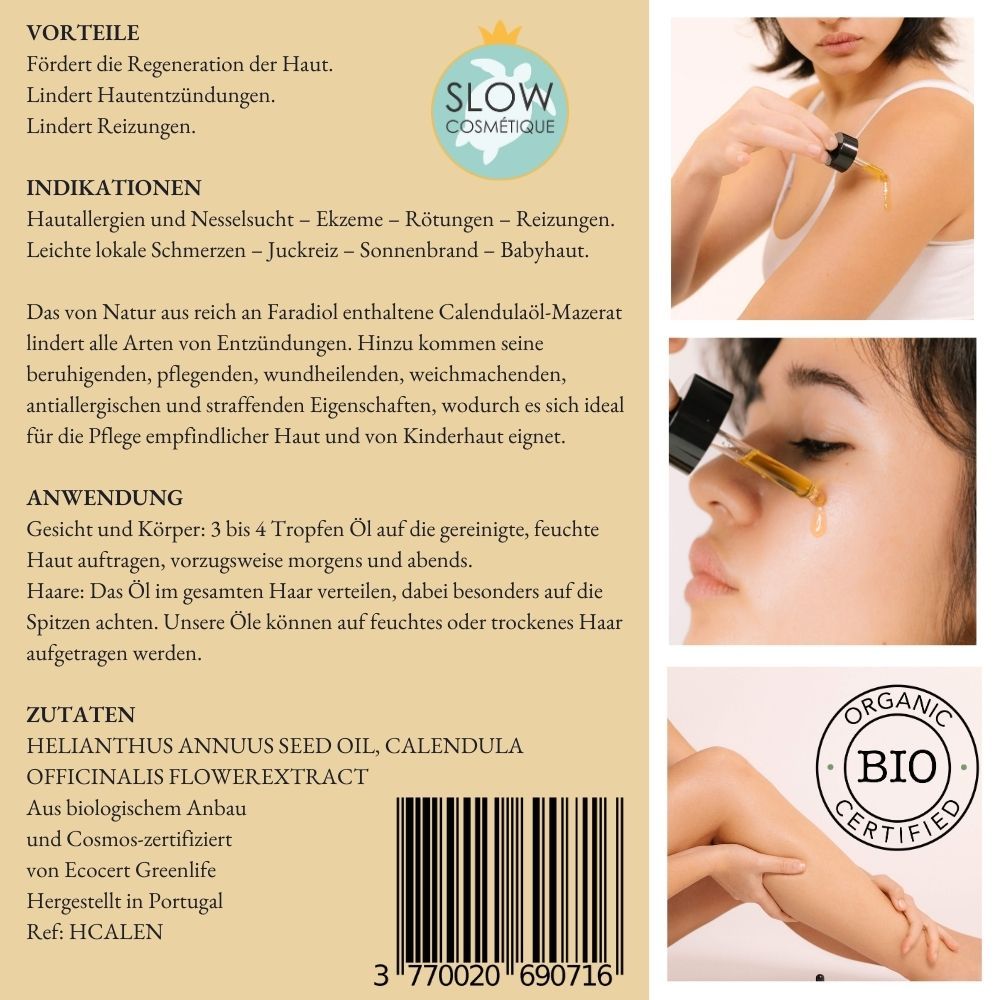 Produktetikett mit Text: SOWÉ, Bio-Ringelblumenöl, 50 ml. Bio-Zertifizierung. 3 kleine Bilder und 3 Anwendungsbilder.