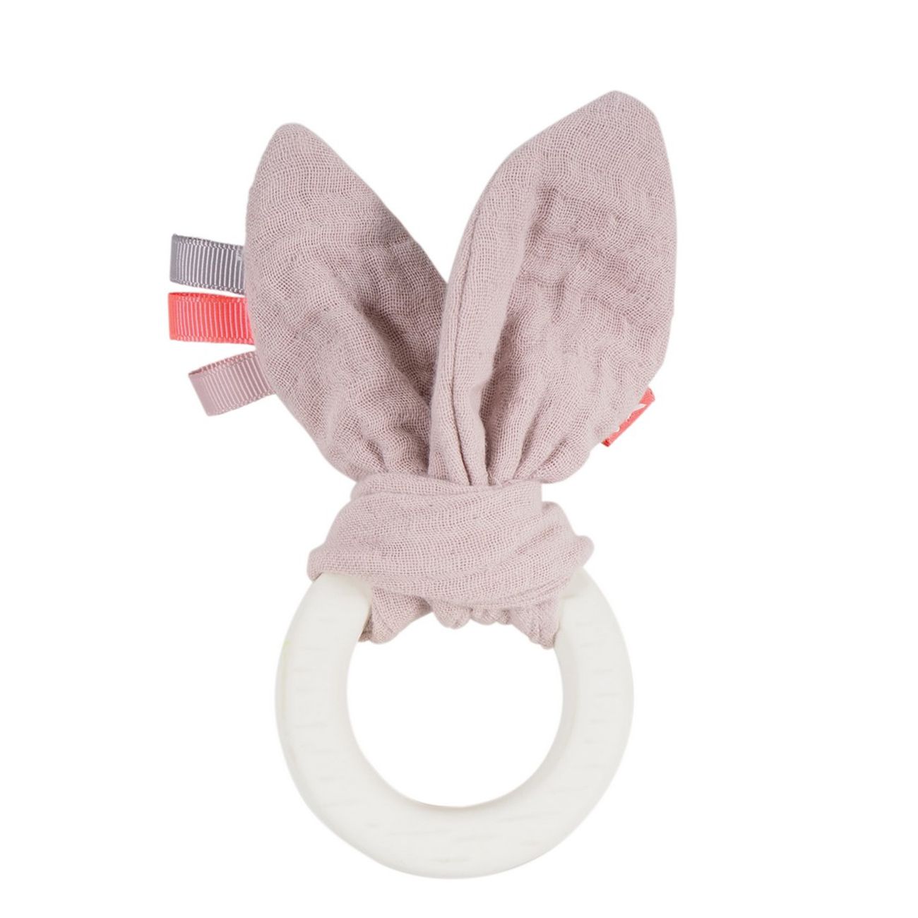 Beißring mit Stoffohren. Ring aus weißem Material, Ohren aus rosa Stoff. Bänder in Rosa, Grau und Orange.