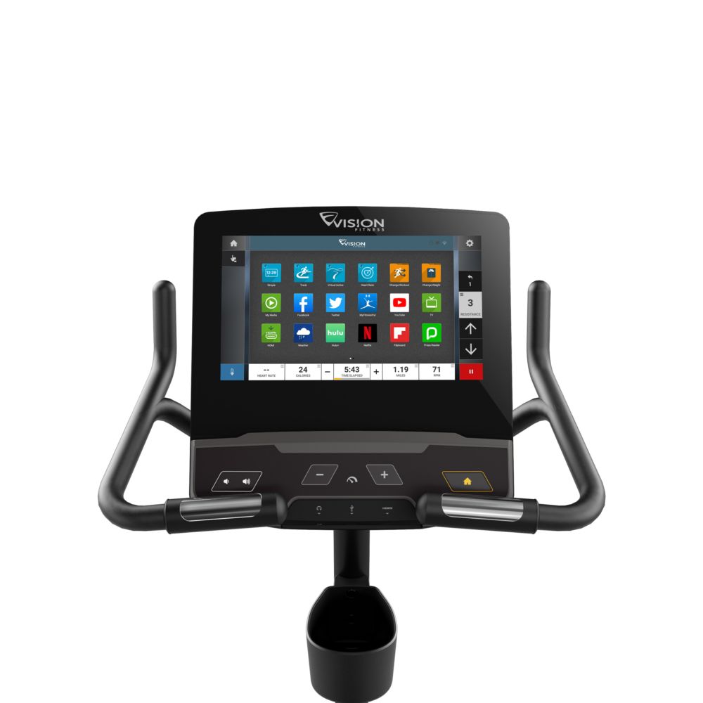 Ergometer-Konsole. Schwarzer Bildschirm mit App-Symbolen. VISION-Logo. Bedienelemente.