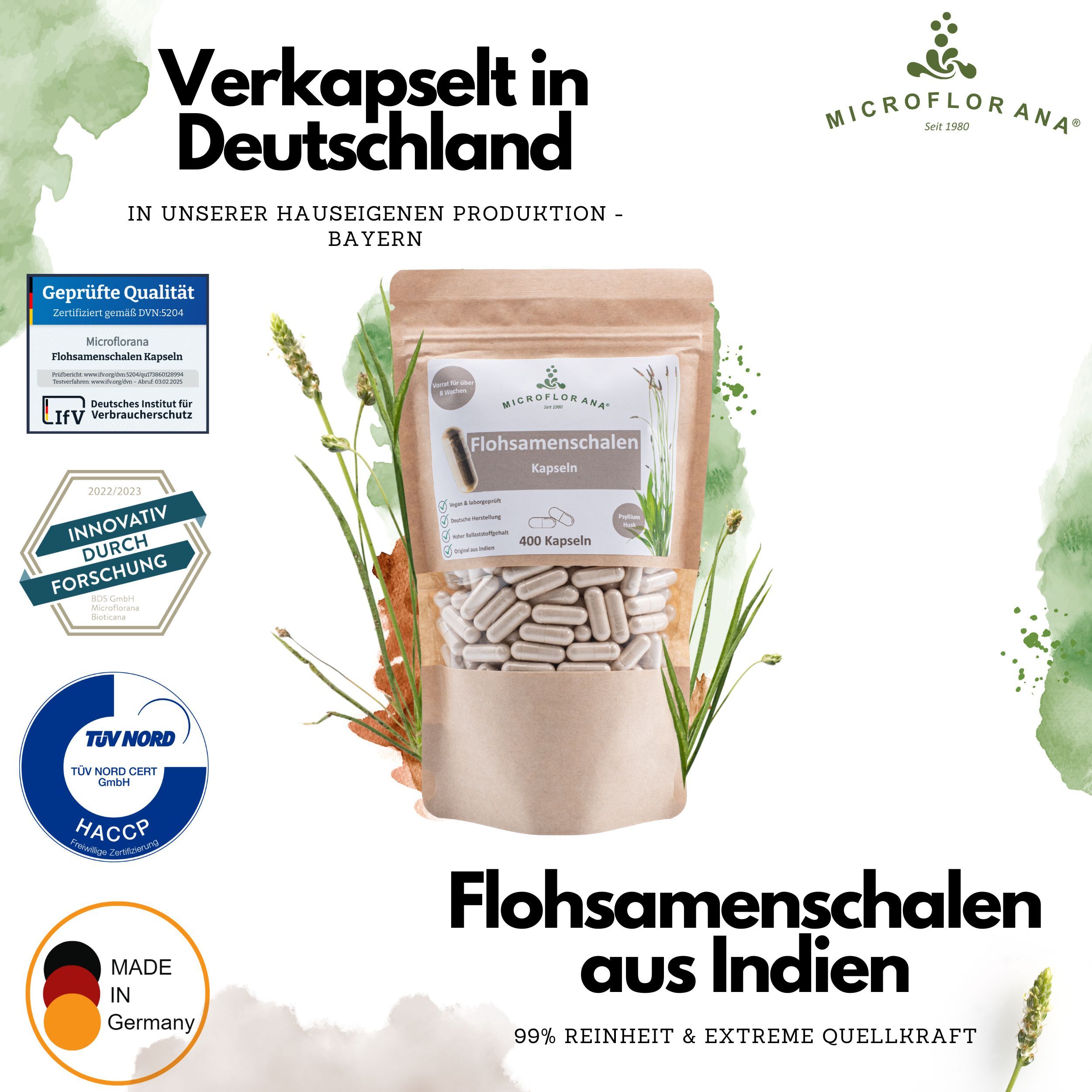 Produktabbildung mit Kapseln, Beutel, Siegeln. Text: Flohsamenschalen aus Indien. 99% Reinheit. Made in Germany.