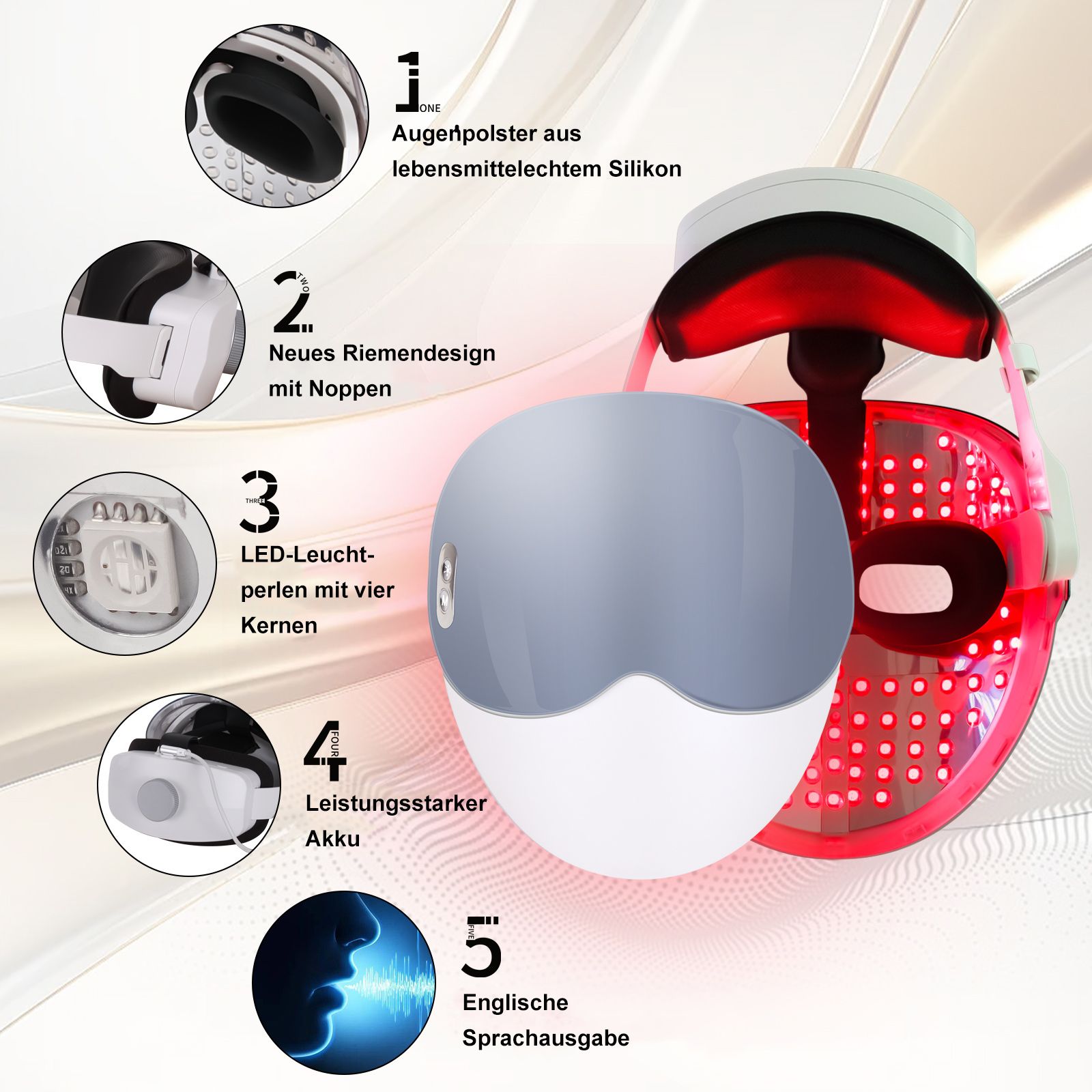 COOL-i LED Maske,kabellos, 8 Farben & Infrarot, mit Timer & Sprachfunktion für Hautpflege