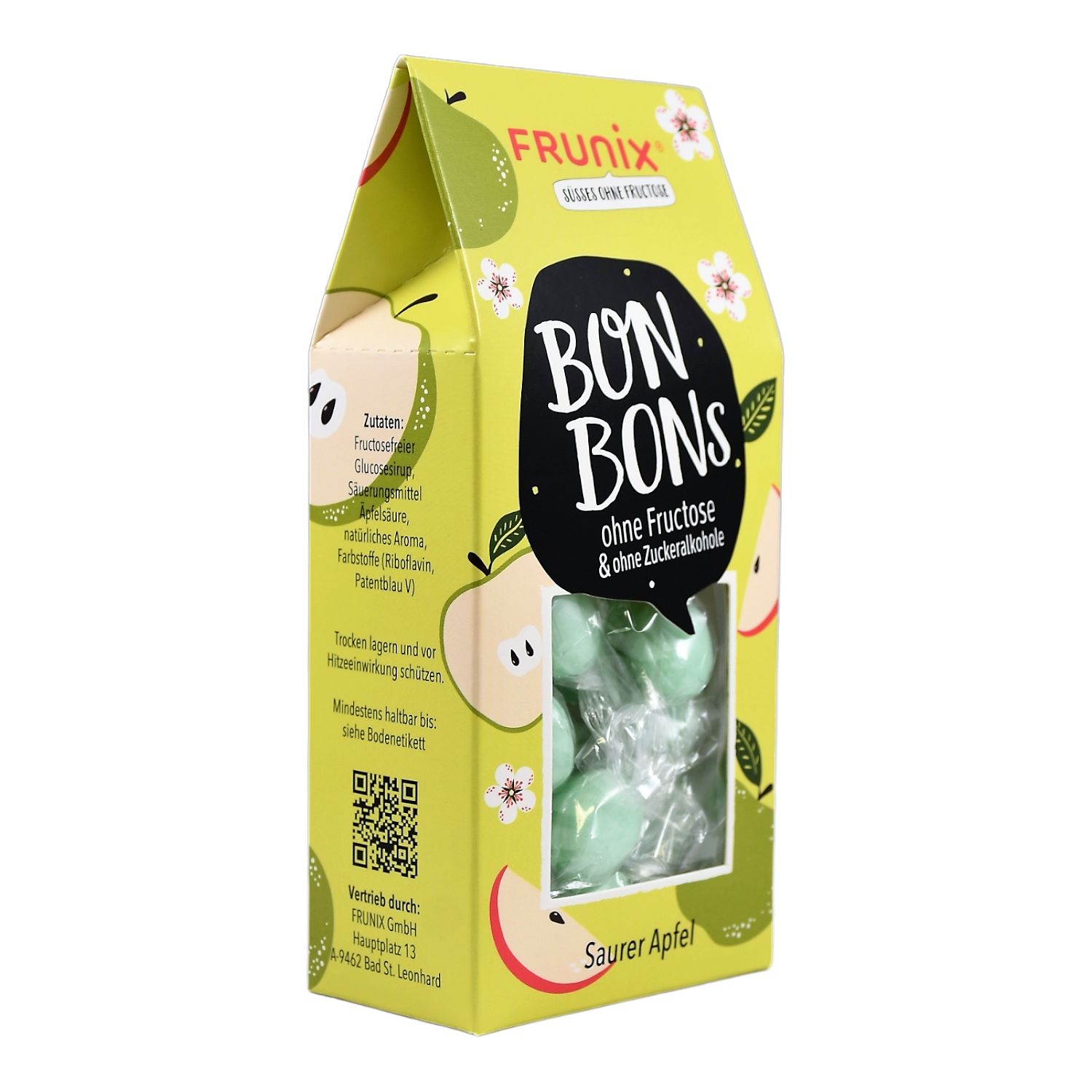 Verpackung von Frunix Bonbons Saurer Apfel. Grün-gelbe Schachtel mit Apfel-Illustrationen und Sichtfenster. Enthält grüne Bonbons.