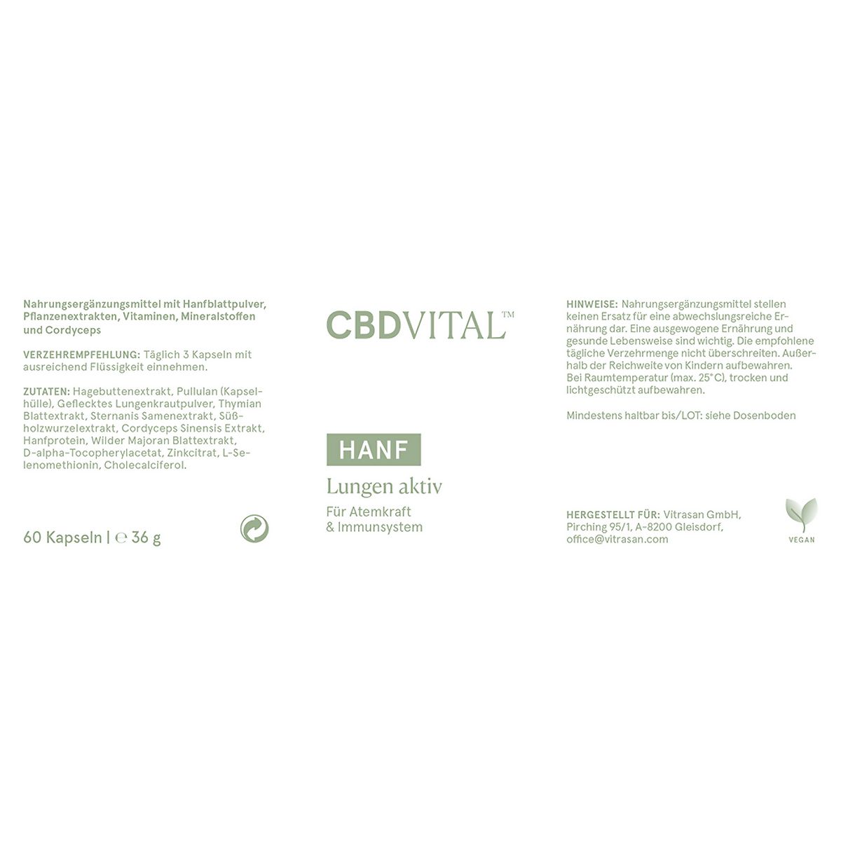 CBDVITAL Hanf Lungen aktiv Kapseln: 60 Kapseln, 36g. Enthält Hanfpulver, Pflanzenextrakte, Vitamine, Mineralstoffe und Cordyceps.