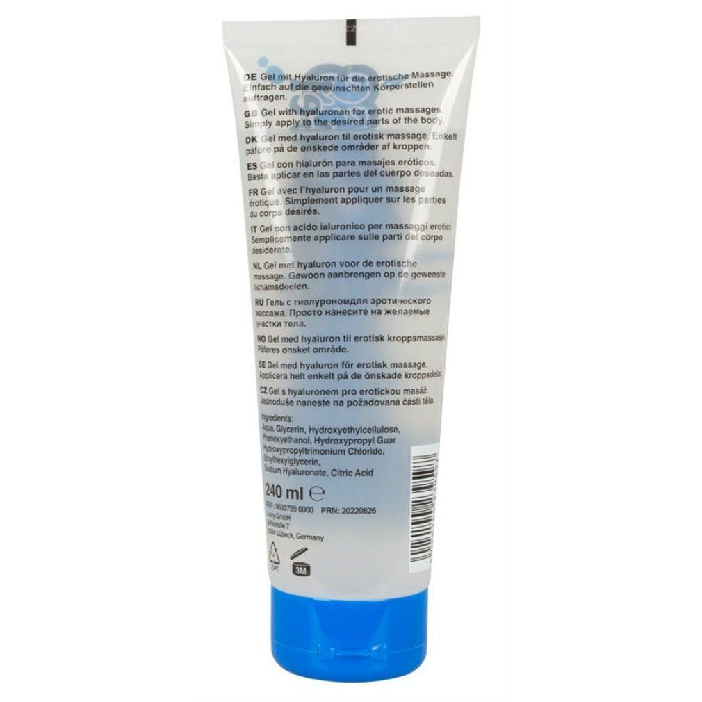 Rückseite einer Tube mit Produktinformationen und Inhaltsstoffen. Blauer Schraubverschluss.