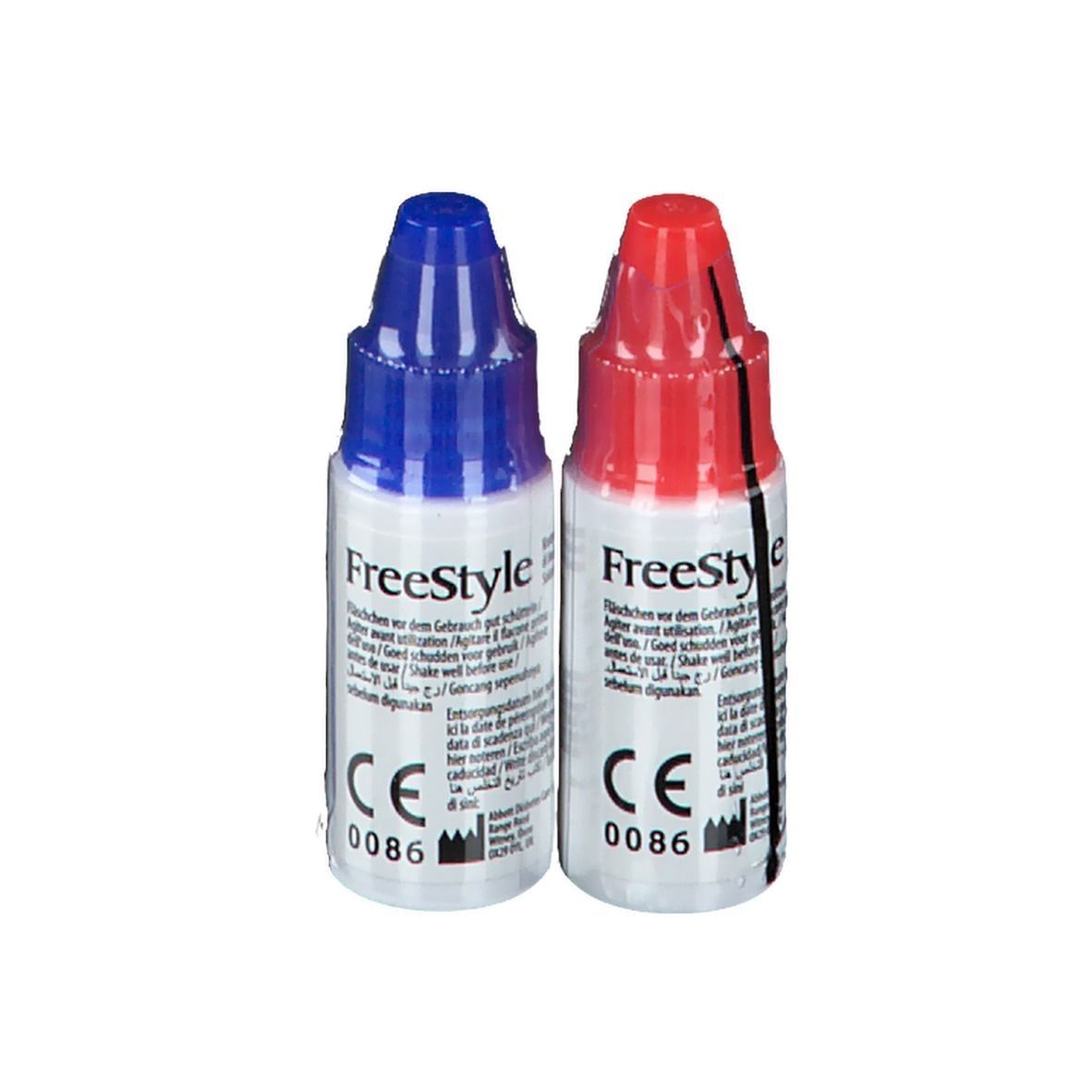 Zwei Flaschen mit blauen und roten Kappen. Aufschrift: FreeStyle. CE-Kennzeichnung 0086.