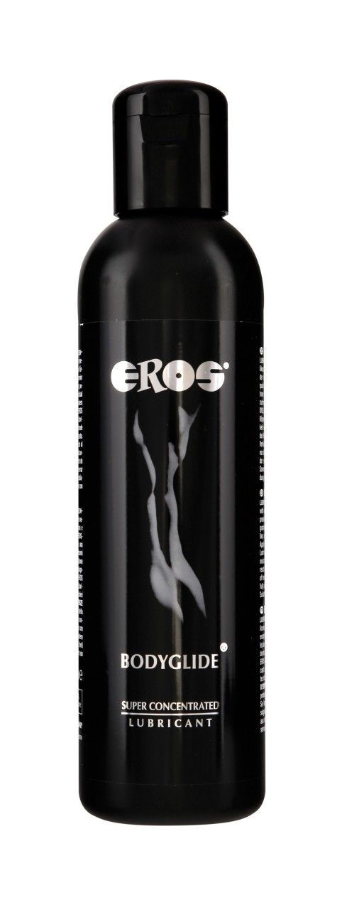 Schwarze Flasche mit "EROS"-Logo und "BODYGLIDE"-Schriftzug. Superkonzentriertes Gleitmittel.