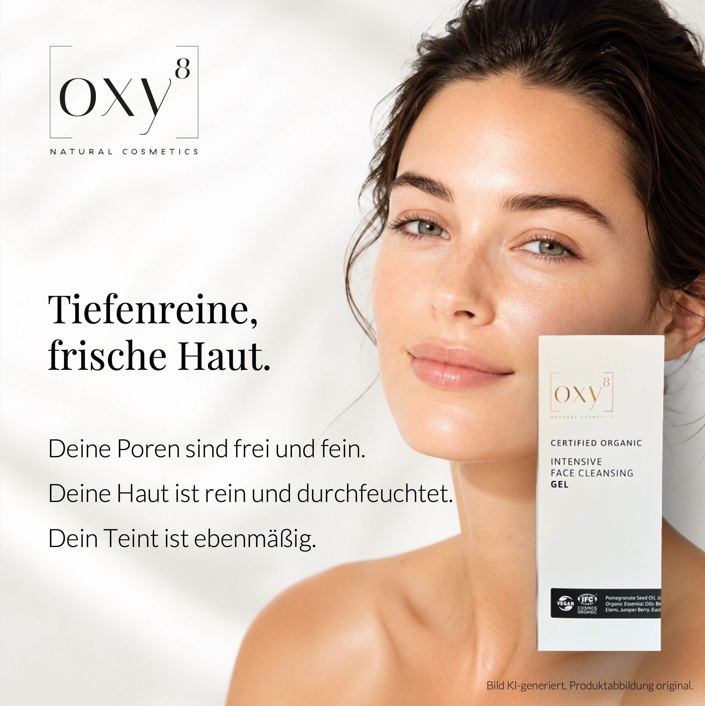OXY8 Gesichtsreinigungsgel Flaschen neben einer Einkaufstasche auf einem Tisch.