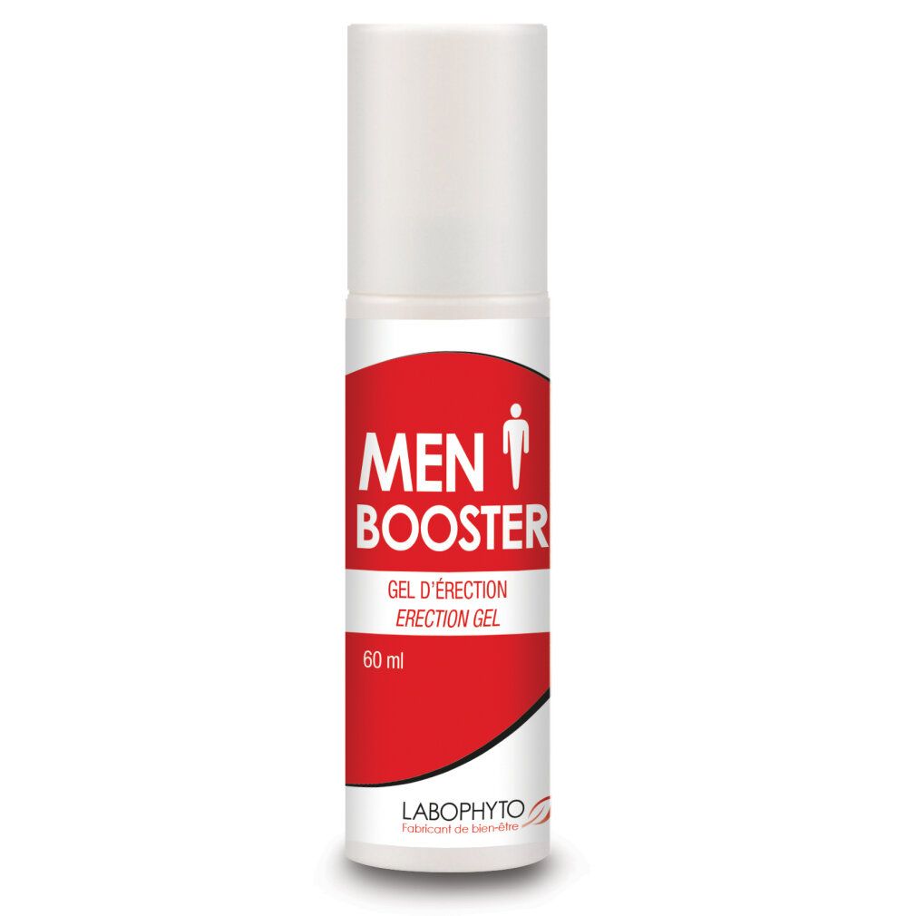 Weiß-rote Flasche mit "MEN BOOSTER Gel d'érection" Aufschrift. Marke Labophyto. 60 ml.