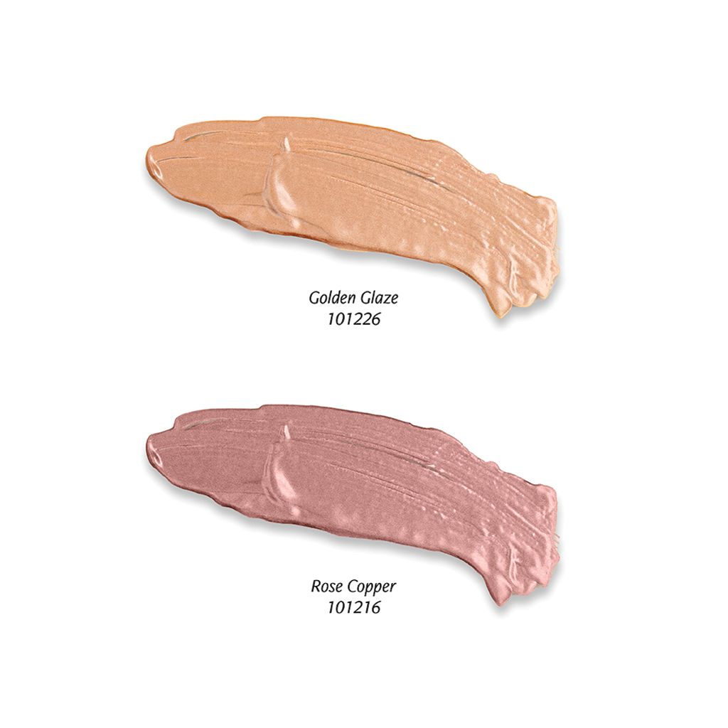 Zwei Farbmuster flüssigen Lidschattens. Oben: Golden Glaze. Unten: Rose Copper. Beide mit Farbcode.
