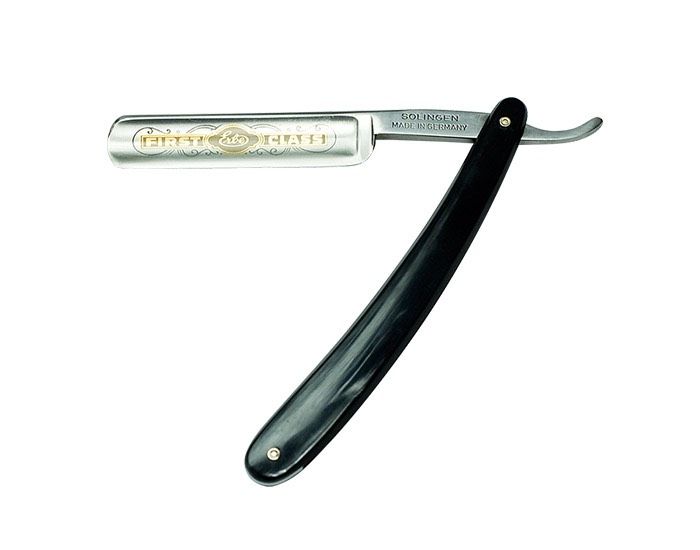 Rasiermesser mit schwarzem Griff. Klinge mit goldfarbenem Schriftzug. Hergestellt in Solingen.