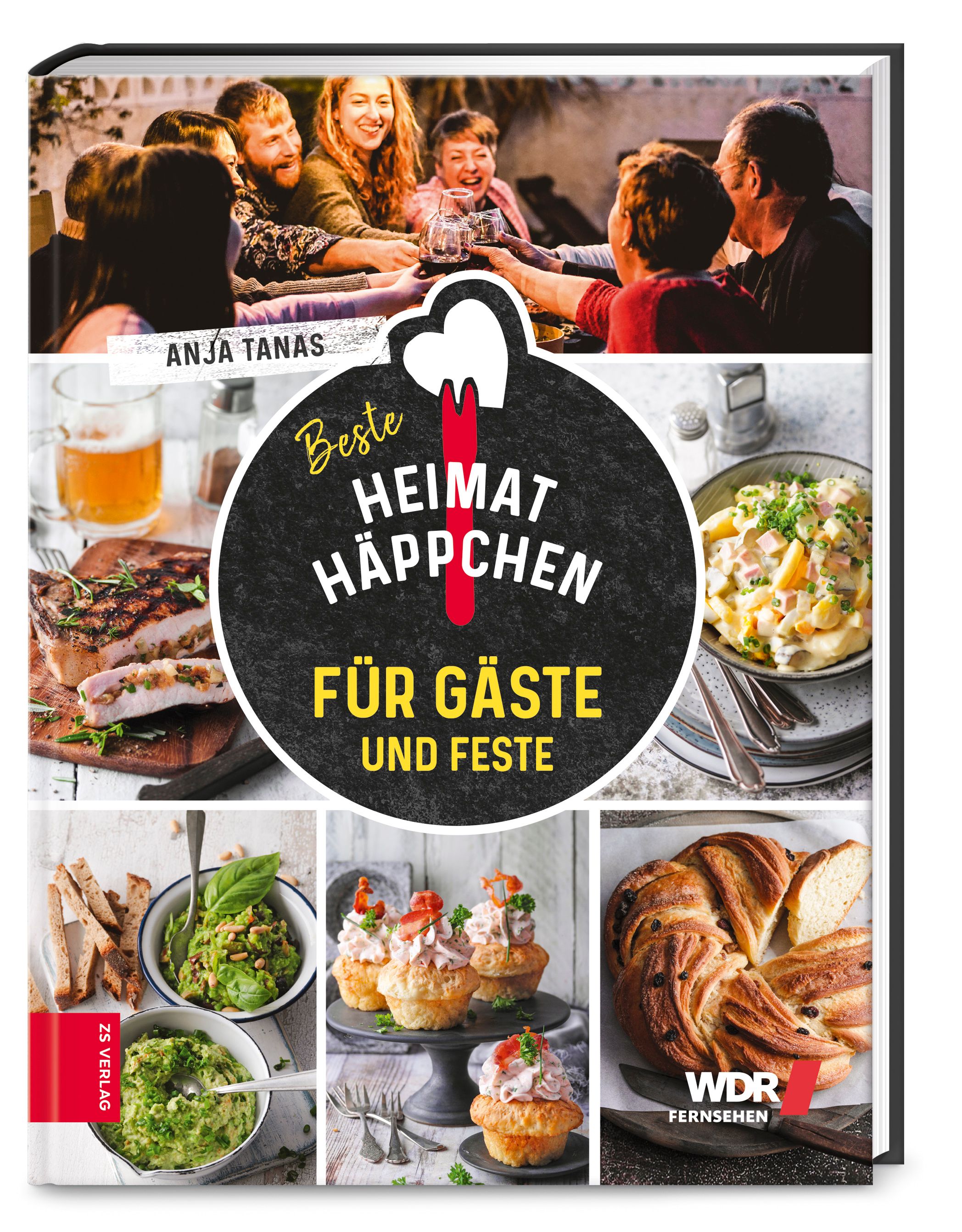 Buchcover mit dem Titel „Beste Heimathäppchen“. Oben Menschen beim Essen, darunter Speisen und das WDR-Logo.