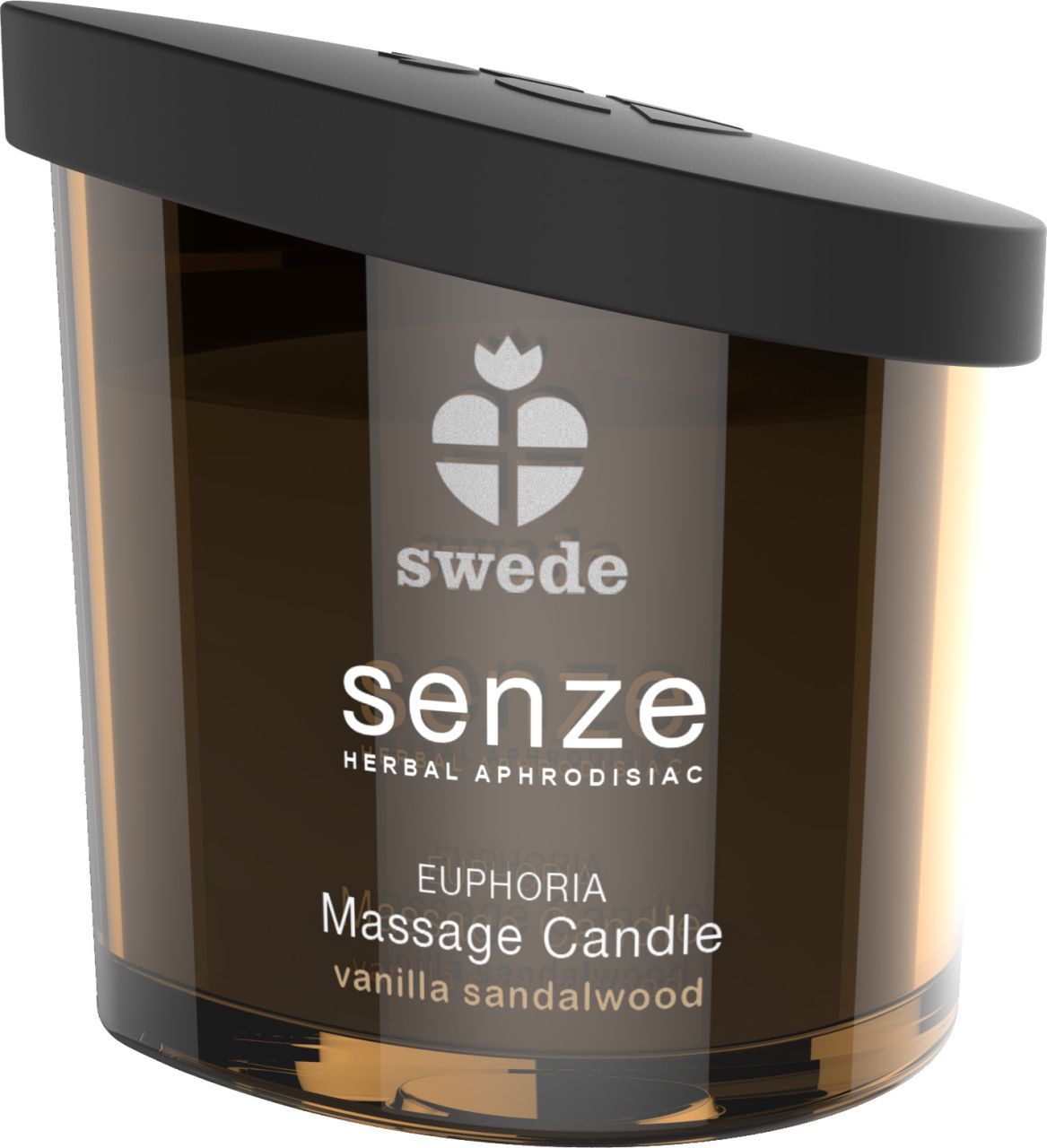Braune Massagekerze mit schwarzem Deckel. Aufschrift: Swede Senze. Text: Euphoria Massage Candle vanilla sandalwood.