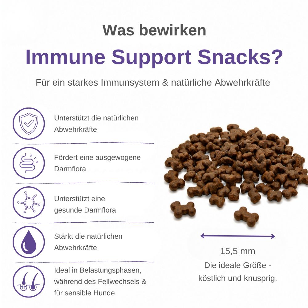 Haufen von Immune Support Hundesnacks mit Größenangabe 15,5 mm.