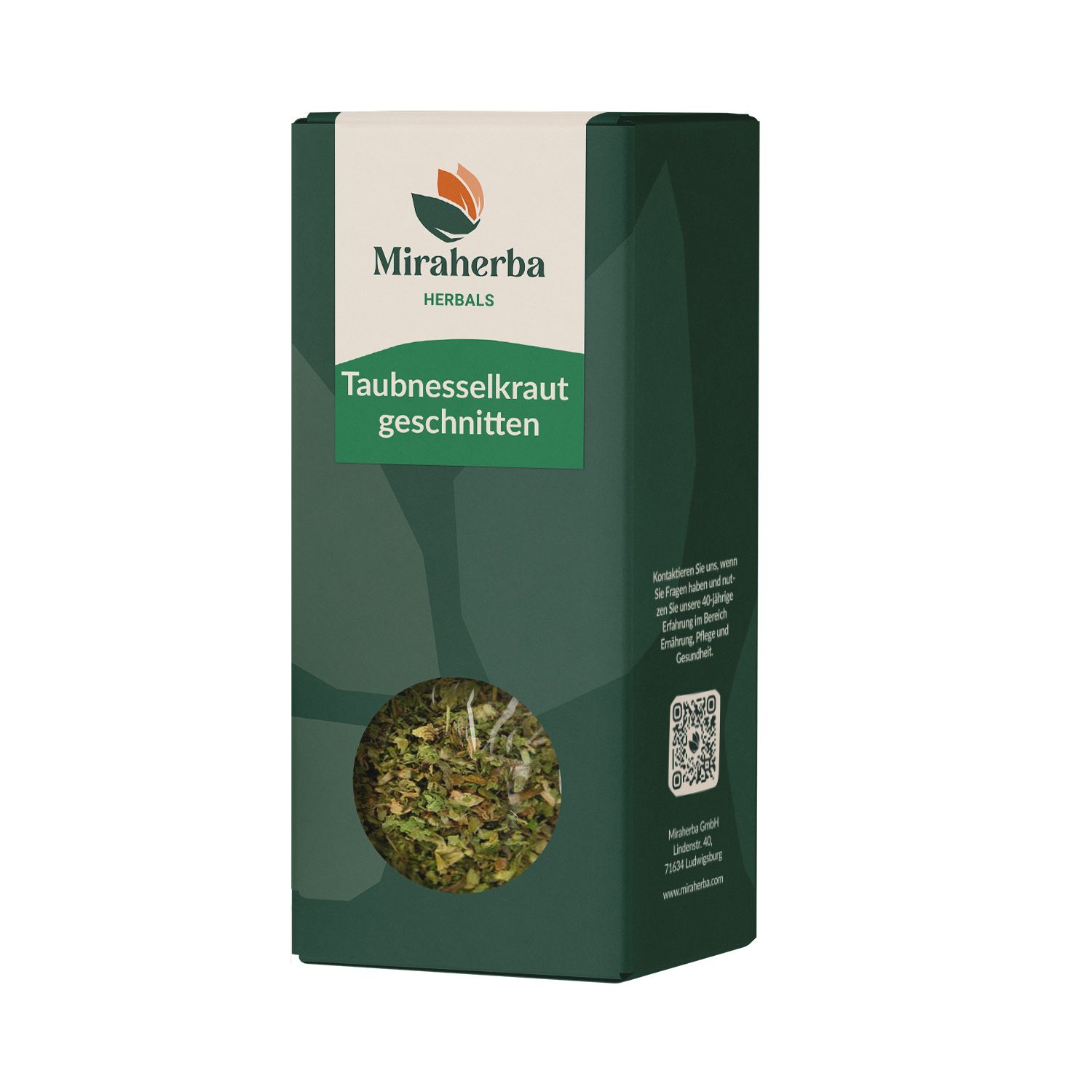 Grüne Verpackung mit Produktansicht. Text: Miraherba Herbals, Taubnesselkraut geschnitten. Sichtfenster mit Kräutern. QR-Code.
