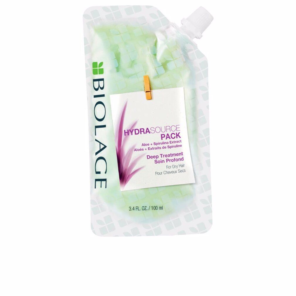 Beutel mit Biolage Hydrasource Deep Treatment. Aufschrift: HYDRASOURCE PACK, Deep Treatment, für trockenes Haar. 3,4 FL. OZ. / 100 ml.