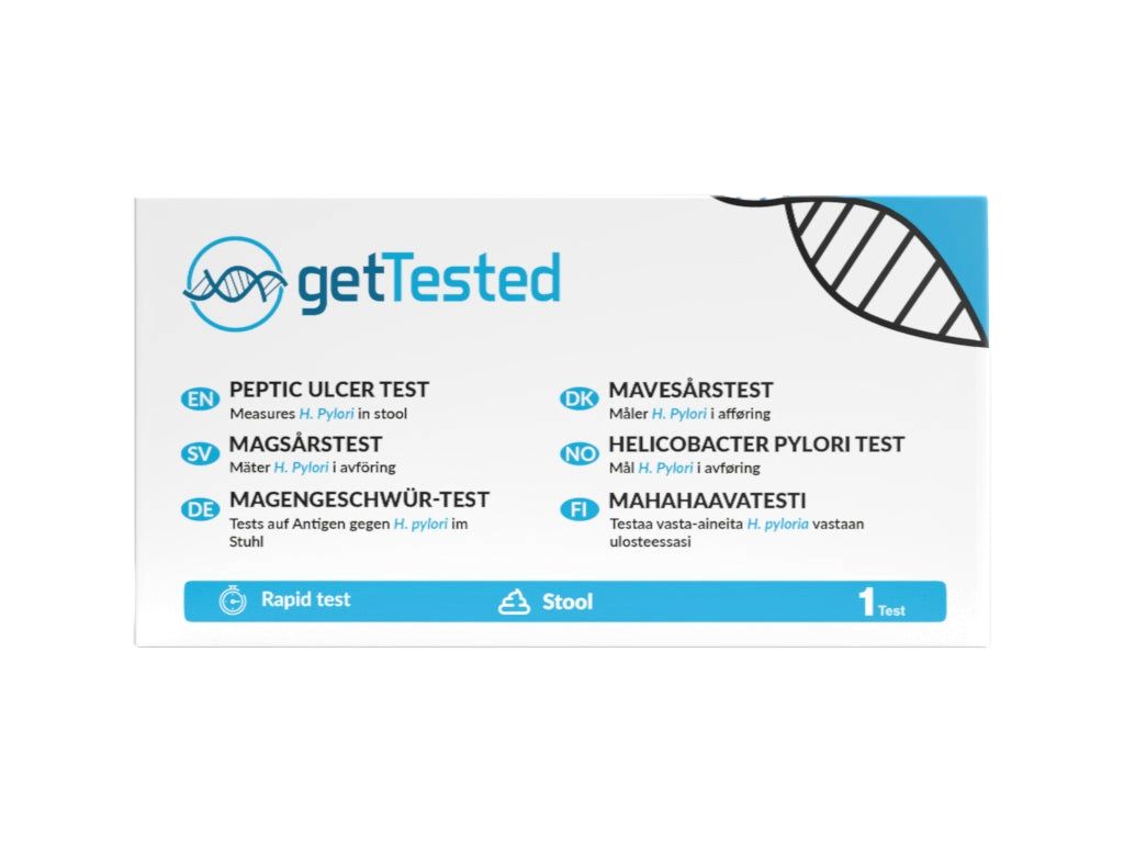 Verpackung des GetTested H. pylori Tests. Enthält Text in mehreren Sprachen, darunter Deutsch. Zeigt das Logo und die Bezeichnung.