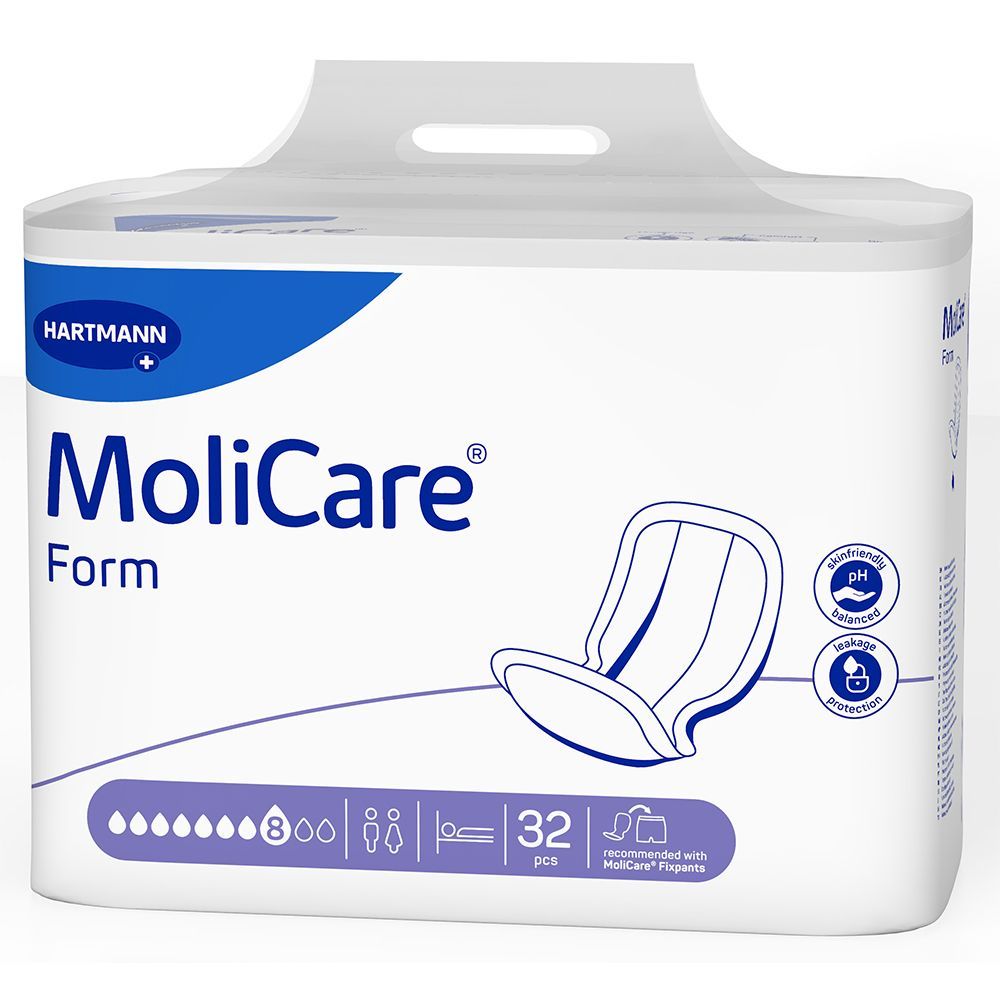 MoliCare Form, Packung mit 32 Stück. pH-hautneutral, atmungsaktiv, mit Auslaufschutz. Hartmann-Logo. Tropfen-Symbol.