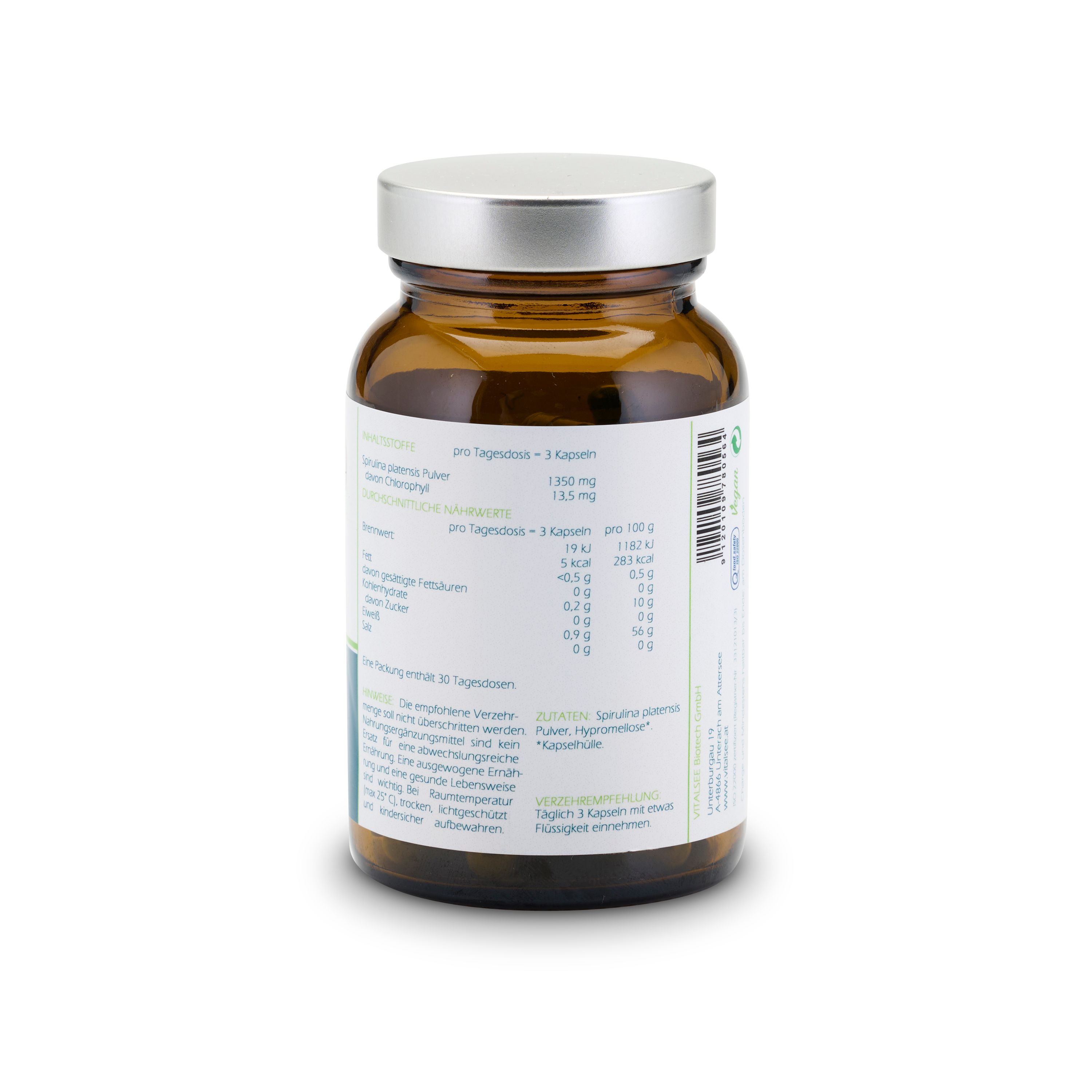 Rückseite der braunen Glasflasche. Enthält Nährwertangaben und Zutaten. "Vitalsee SPIRULINA platensis".