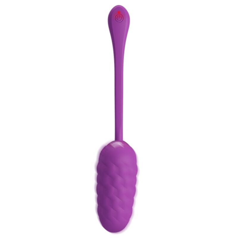 Lila Vibrations-Ei mit geriffelter Oberfläche und Stiel. Das Produkt ist aus Silikon gefertigt.