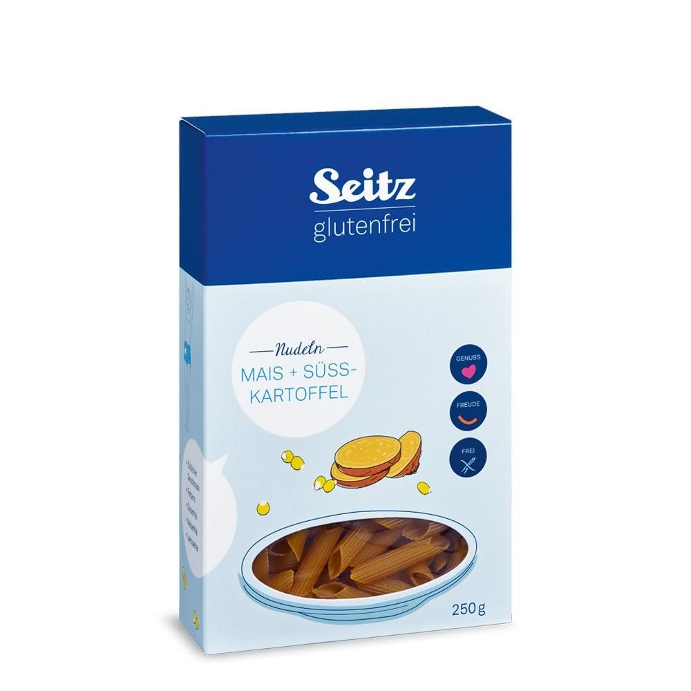 Verpackung mit Penne-Nudeln. Aufschrift: Seitz glutenfrei, Mais + Süßkartoffel. Abbildung von Mais und Süßkartoffel.