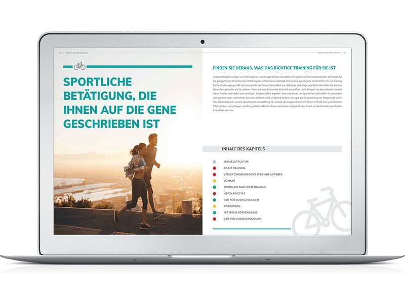 Laptop zeigt Meinlabtest-Ergebnisse zu sportlicher Betätigung basierend auf Genetik.