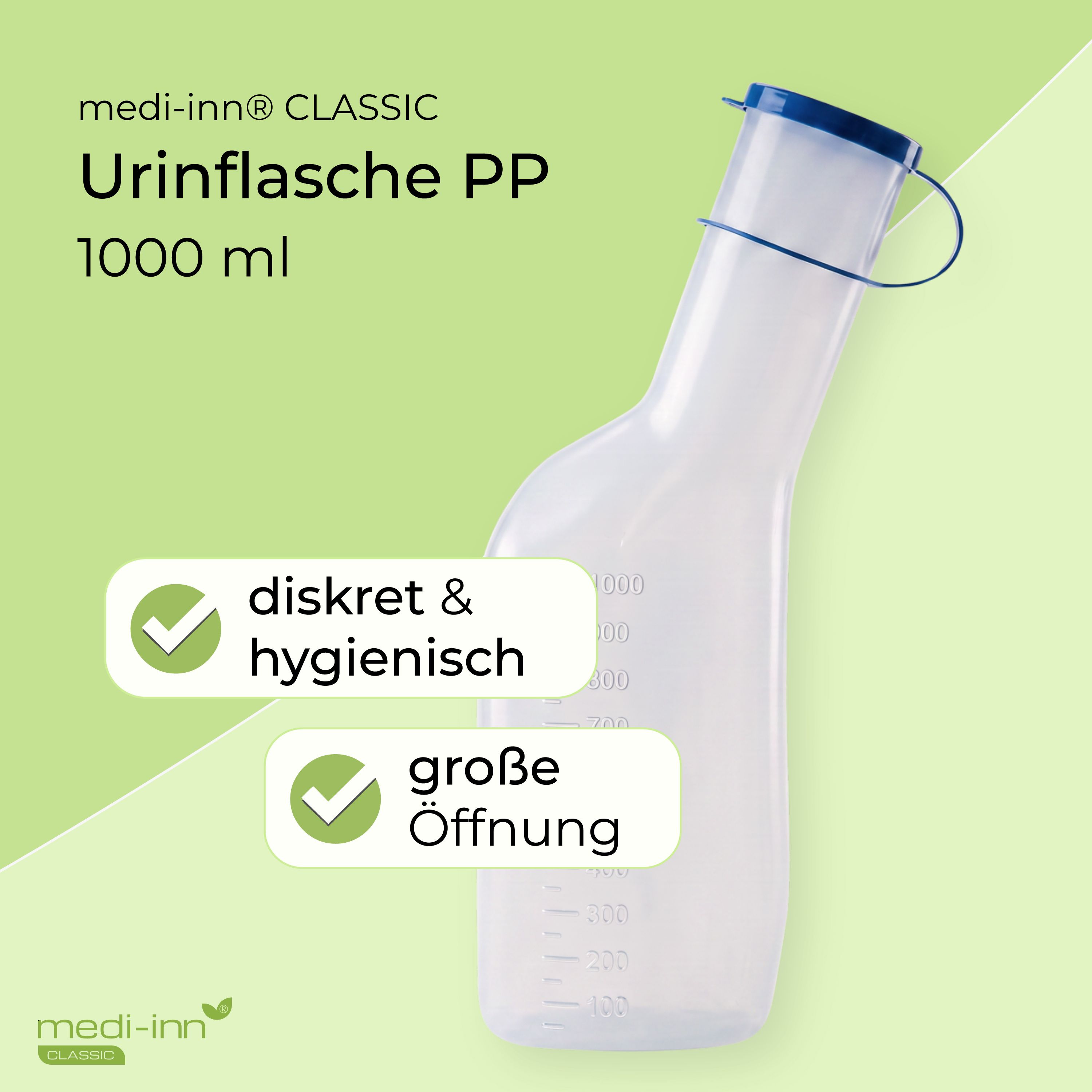 Medi-Inn Urinflasche PP 1000 ml: diskret, hygienisch, große Öffnung.