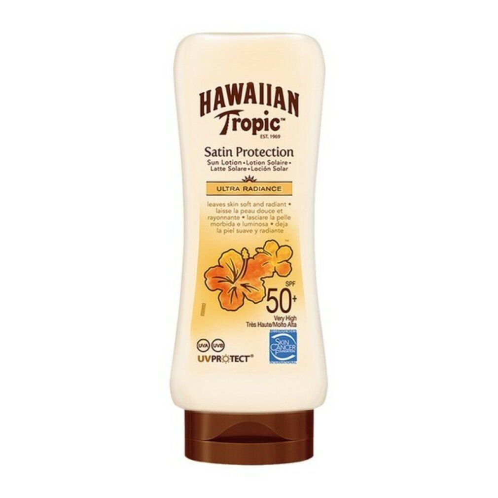 Hawaiian Tropic Satin Protection Ultra Radiance Sonnenschutzlotion LSF 50+ mit Hibiskusblüten.