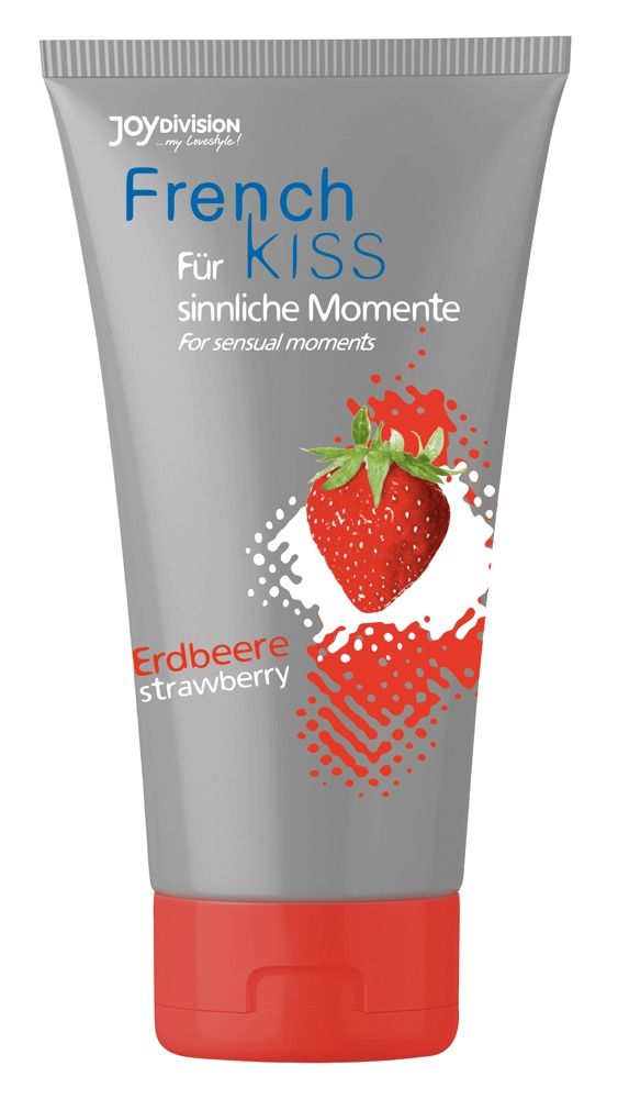 Graue Tube mit rotem Verschluss. Aufdruck: French Kiss, Erdbeere, Logo Joydivision. Erdbeer-Illustration.