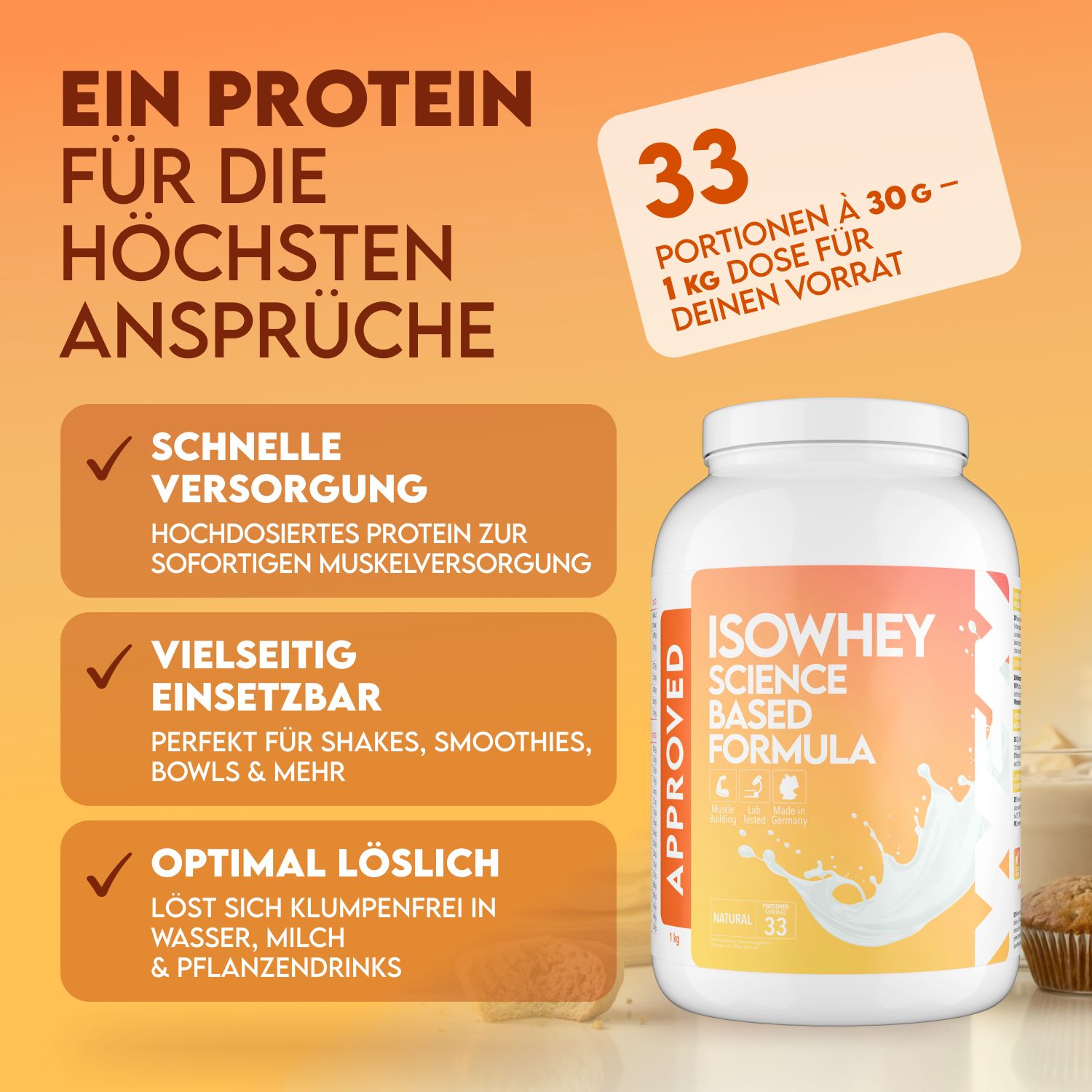 Weiße Dose ISOWHEY mit Text: Ein Protein für die höchsten Ansprüche. Schnelle Versorgung, vielseitig einsetzbar, optimal löslich.