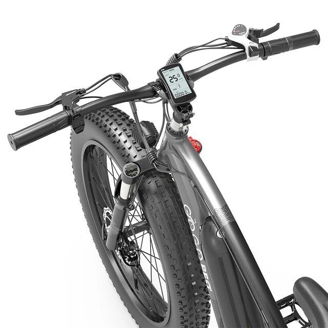 E-Bike-Lenker mit Display. Marke GOGOBEST sichtbar. Schwarze Farbe, breite Reifen.