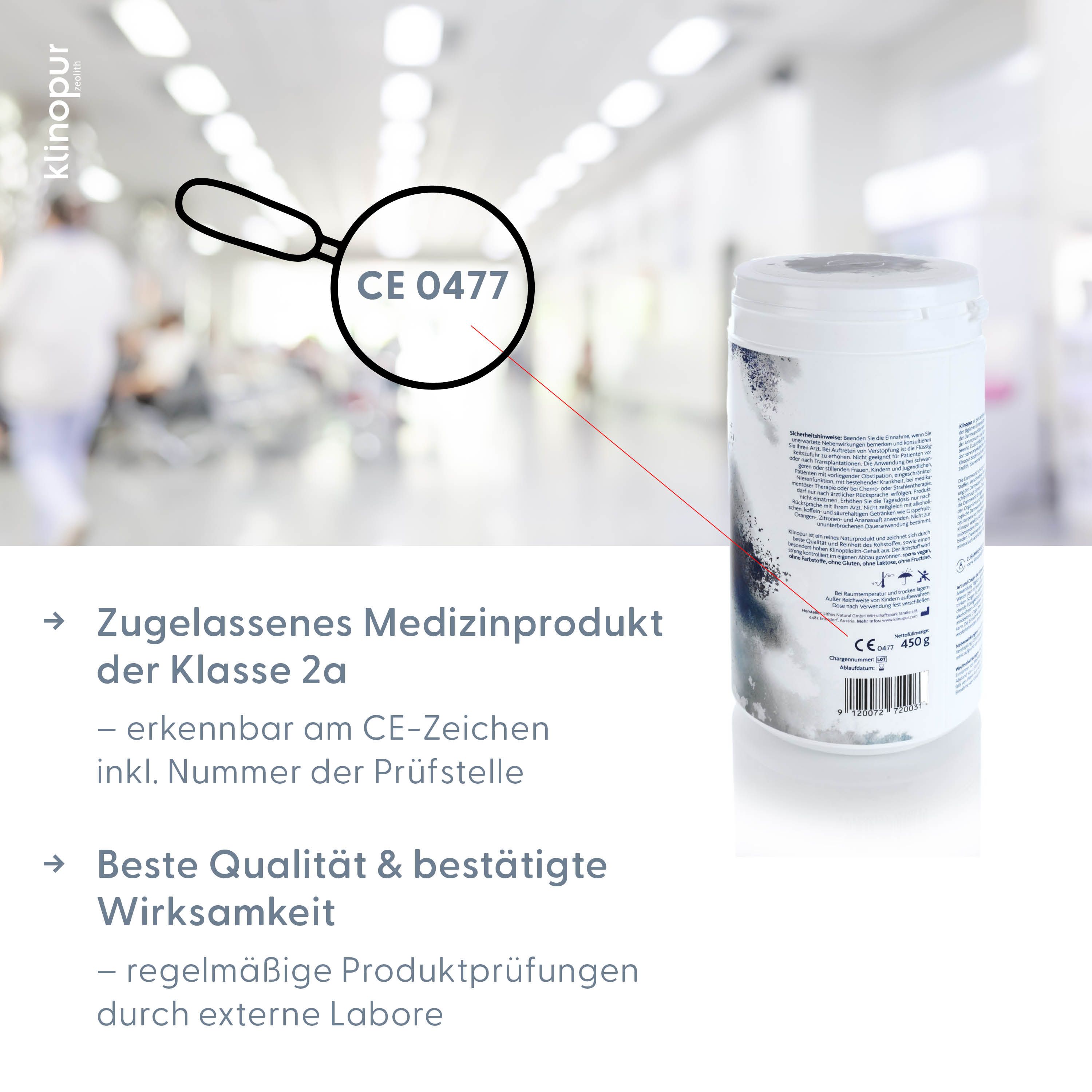 KLINOPUR Zeolith Pulver Behälter mit CE 0477 Zeichen. Zugelassenes Medizinprodukt Klasse 2a.