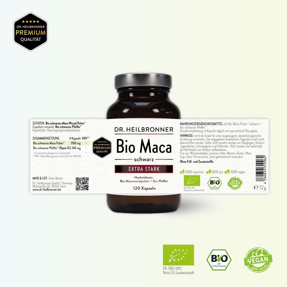 Braune Glasflasche mit schwarzen Kapseln. Aufschrift: Bio Maca schwarz Extra Stark. 120 Kapseln. Bio-Siegel.