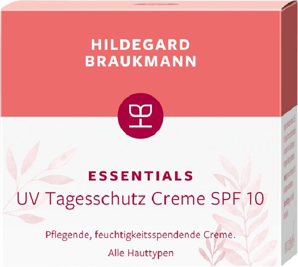 Hildegard Braukmann Essentials UV Tagesschutz Creme SPF 10. Verpackung mit Produktnamen und Logo. Rosa und weiß.