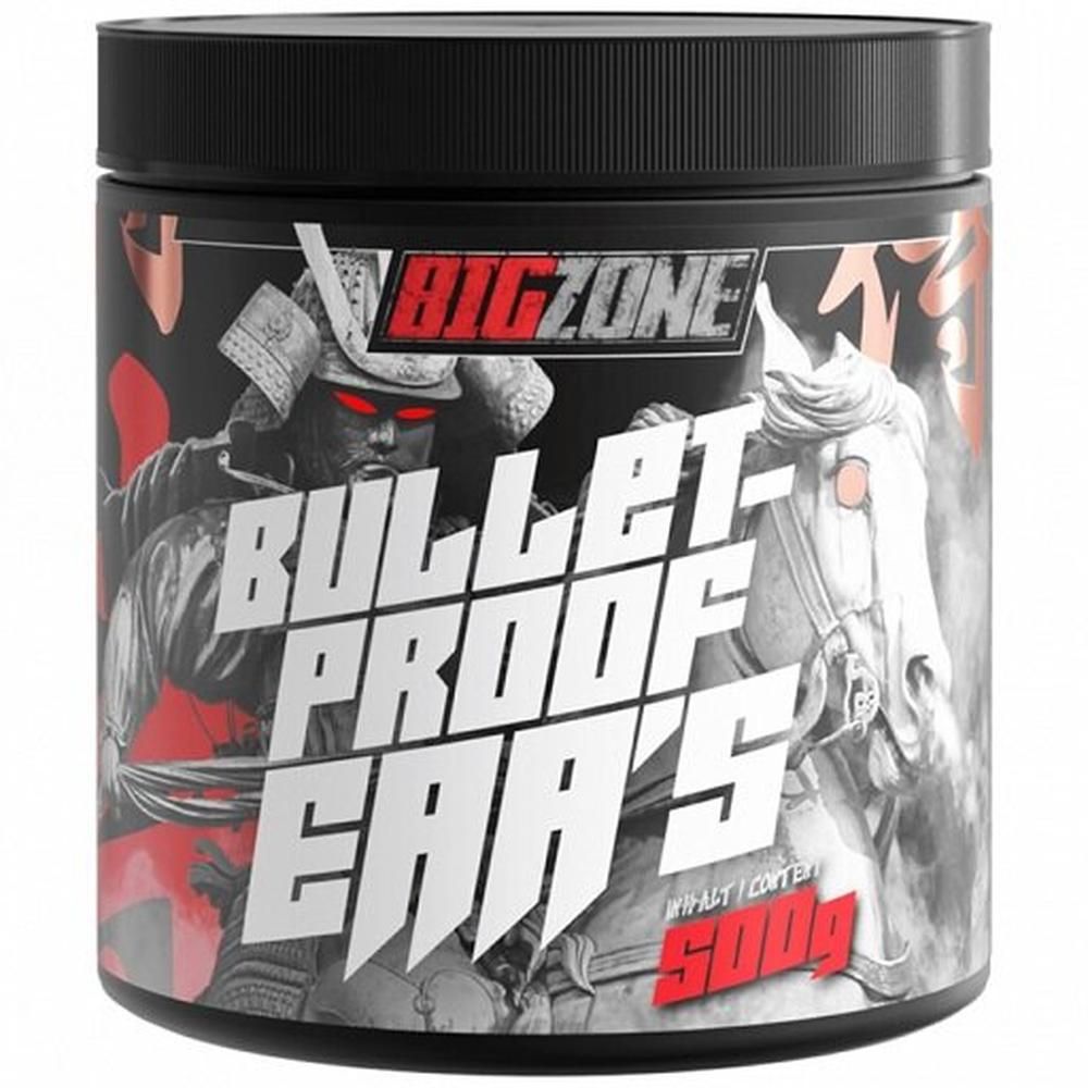 Schwarze Dose mit Deckel. Aufschrift "BIG ZONE" und "BULLET PROOF EAA'S". Abbildung eines Samurai und Pferd. Rote Akzente. 500g.