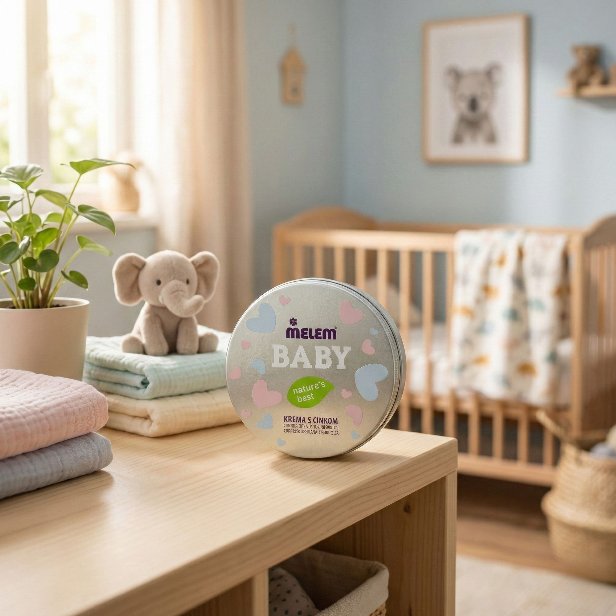 Runde Dose mit Aufschrift Melem Baby. Auf dem Tisch liegen Stoffwindeln und ein Stofftier. Im Hintergrund ein Kinderbett.