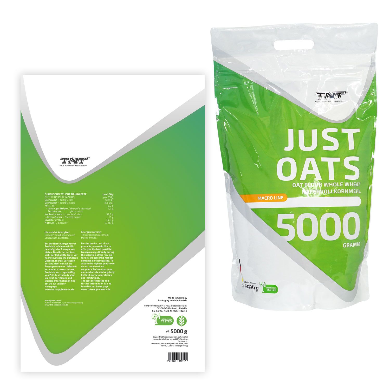 Produktverpackung "JUST OATS" neben einer Produktbeschreibung. Grün-weißes Design.