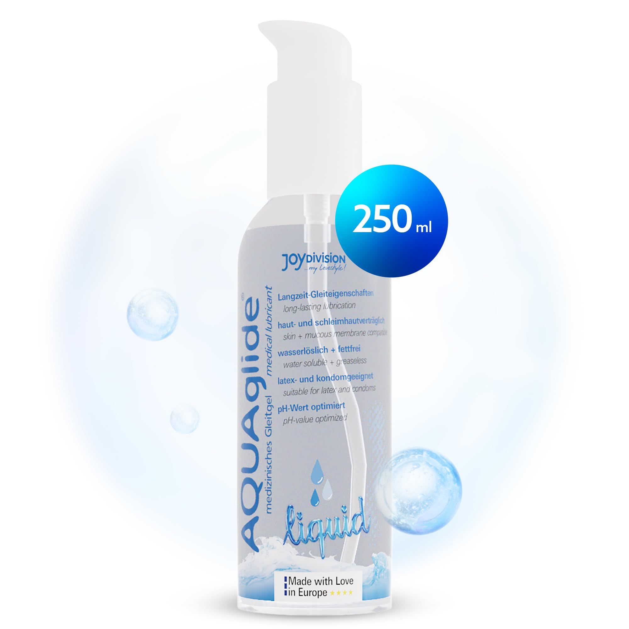AQUAGLIDE Liquid Gleitmittel in 250ml Pumpspender. Wasserbasiert, öl- und fettfrei, pH-neutral.